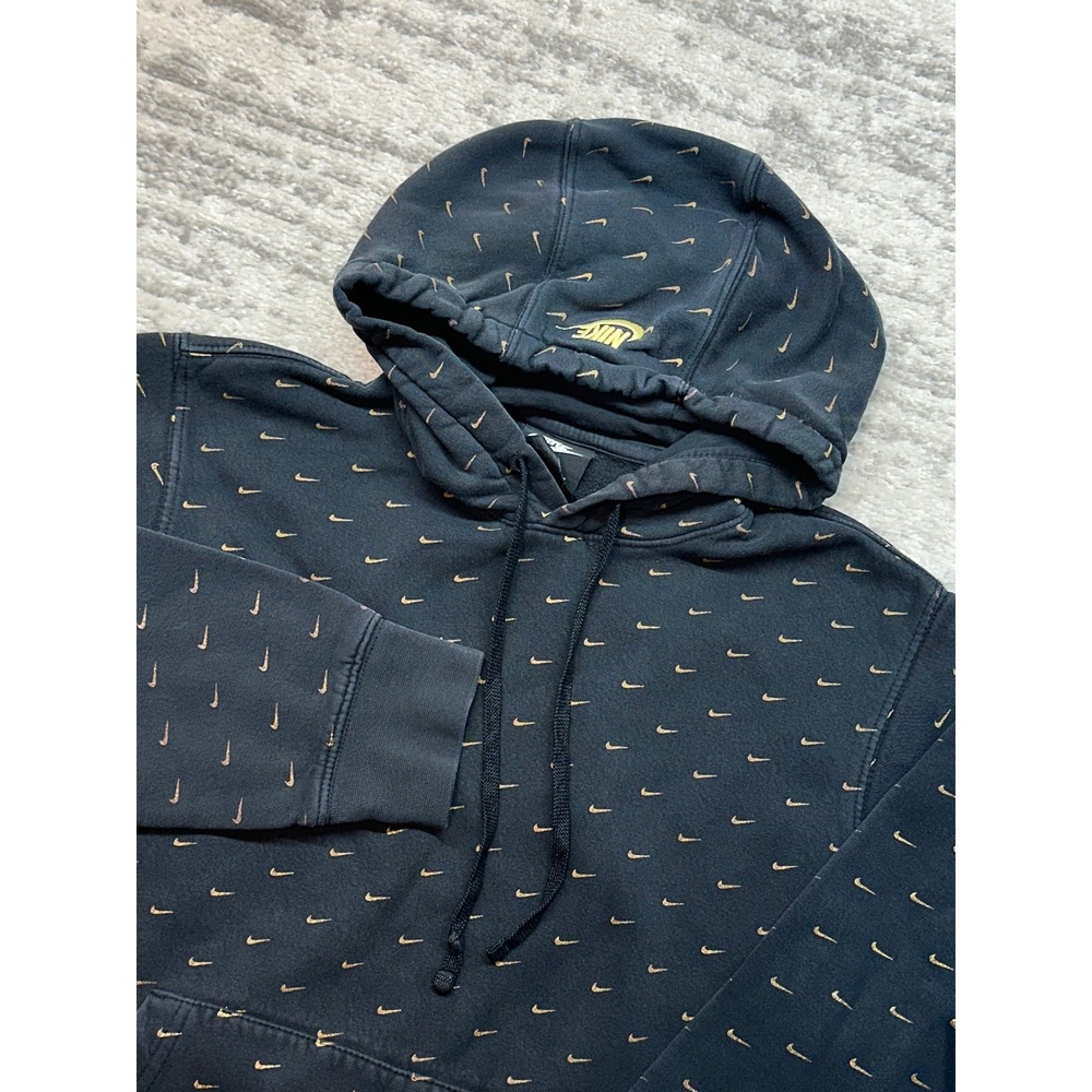 Nike Hoodie Men S Black All Over Gold Swoosh Print CJ5405-010 Pullover